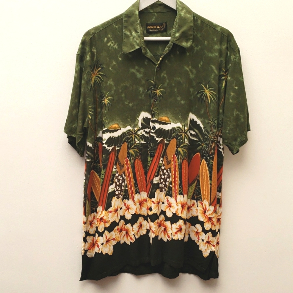 Indocraf Hawaiian Shirt Men's Tropical Floral  Short Sleeve Size Medium
